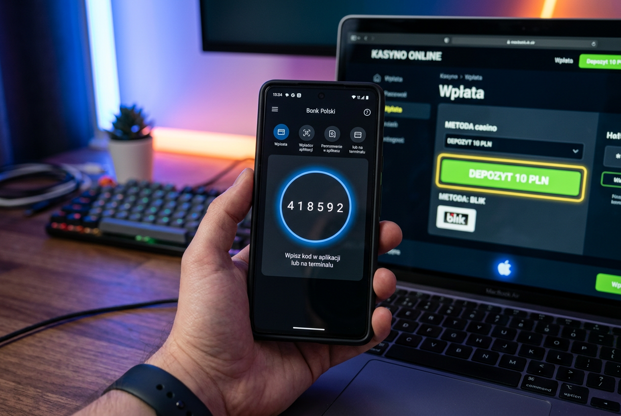 Smartphone screen showing a BLIK payment code next to a digital casino interface.