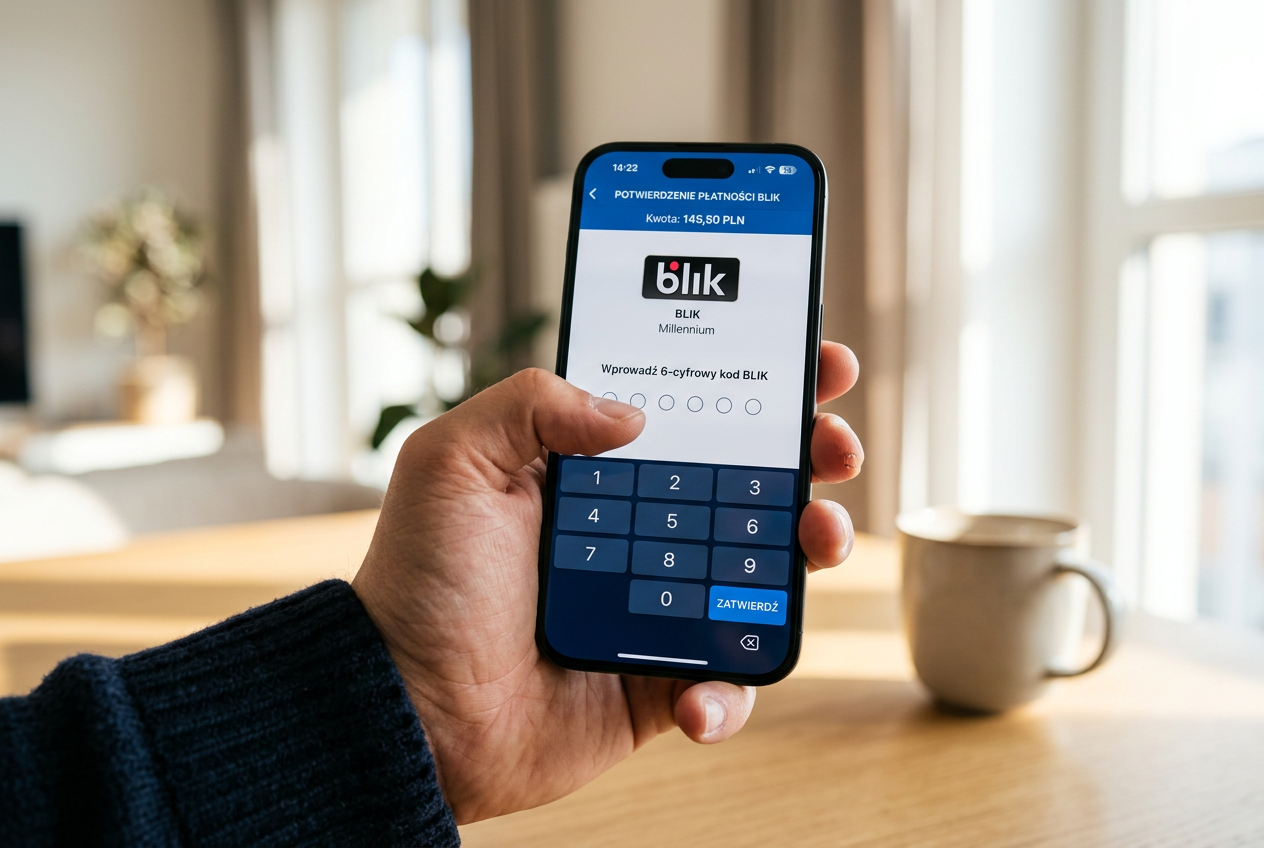 A close-up of a person using a smartphone to authorize a secure BLIK payment.