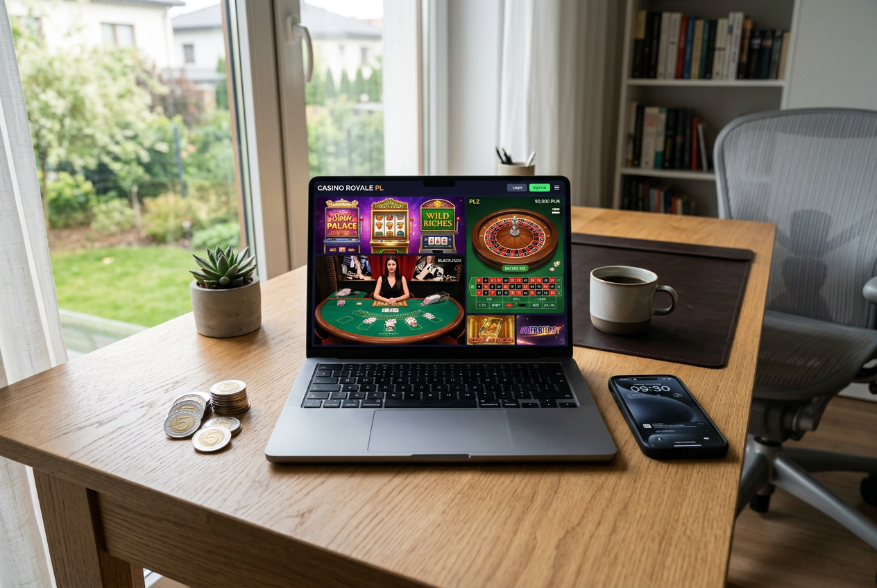 A laptop on a desk showing a list of online casino brands and their deposit limits.