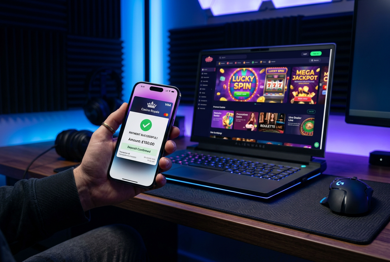 A smartphone showing a BLIK payment confirmation next to a casino laptop.